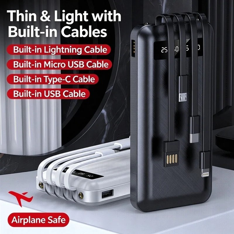 Power Bank 20000mAh Slim Portable Charger with 4 Built in Cables Stand LED Display for iPhone Android Type C USB
