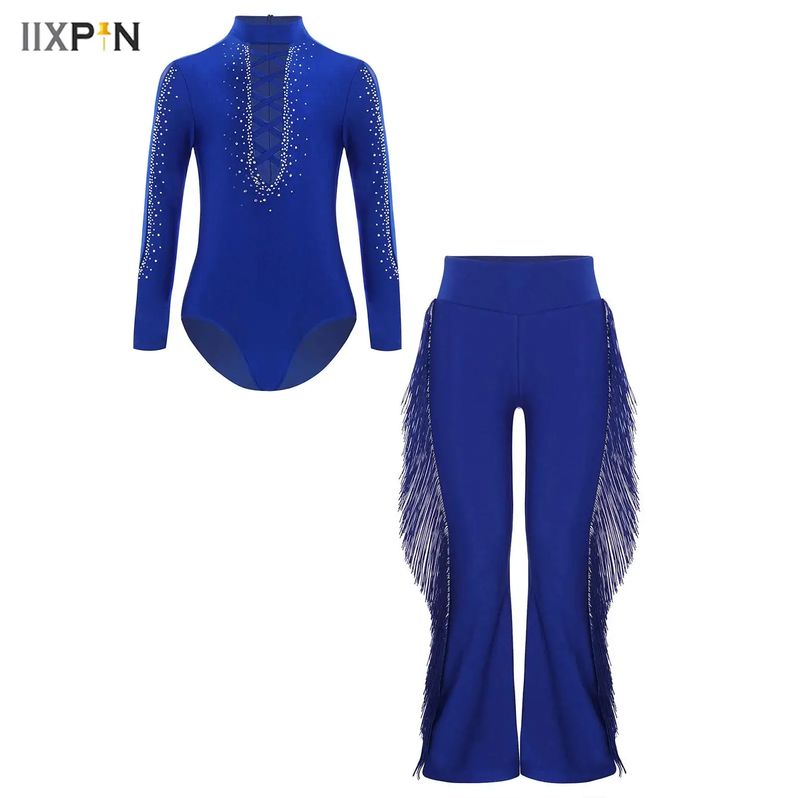 

Kids Boys Latin Ballroom Dance Costume Mesh Patchwork Long Sleeve Glittery Rhinestones Leotard+Tassels Bell-Bottom Pants Skater