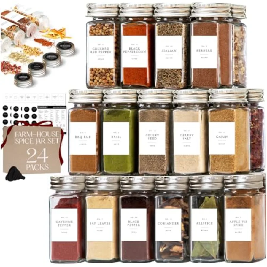 

Glass Spice Jars with Labels with Metal Lids and Shakers 24 Pack Set, 4oz Small Empty Air Tight Spice Containers with Labels, C