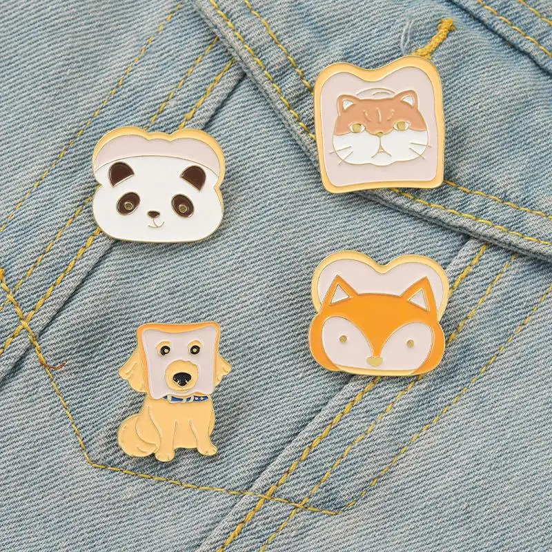 Toast Animal Enamel Pins Custom Breakfast Toast Cat Dog Fox Panda Brooch Lapel Badge Fun Cartoon Jewelry Gift for Kid Friend