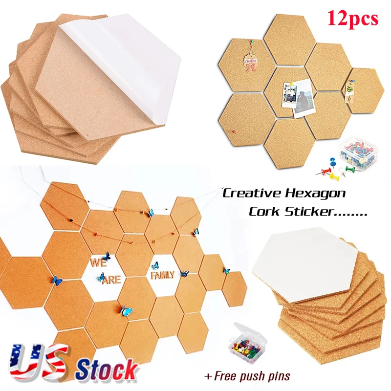 US Stock 12pcs Hexagon Cork Board 12