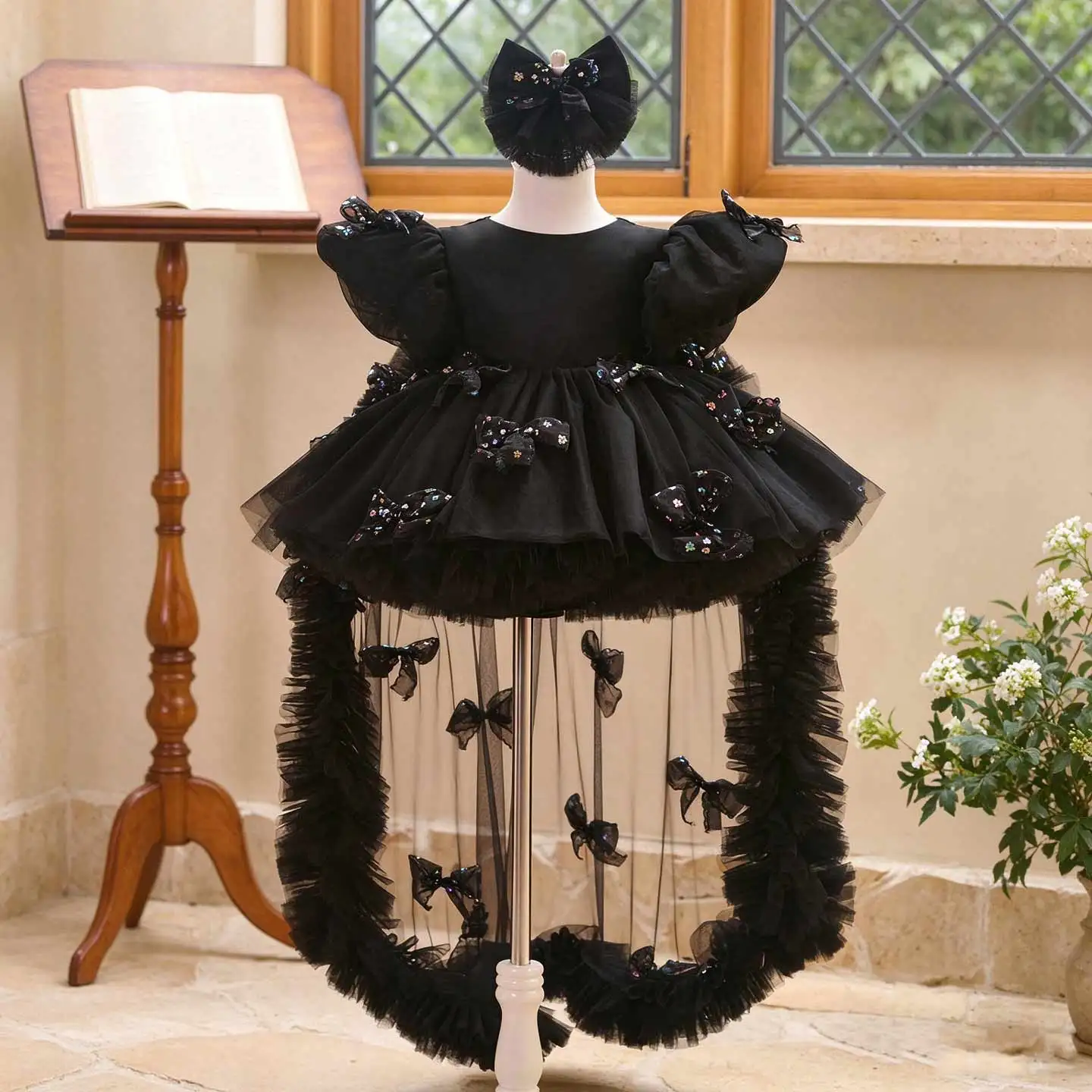 Jill Wish J508 Puff Sleeve Girls Pageant Dress Detachable Tulle Train Bow Sequin Princess Flower Girl Gown