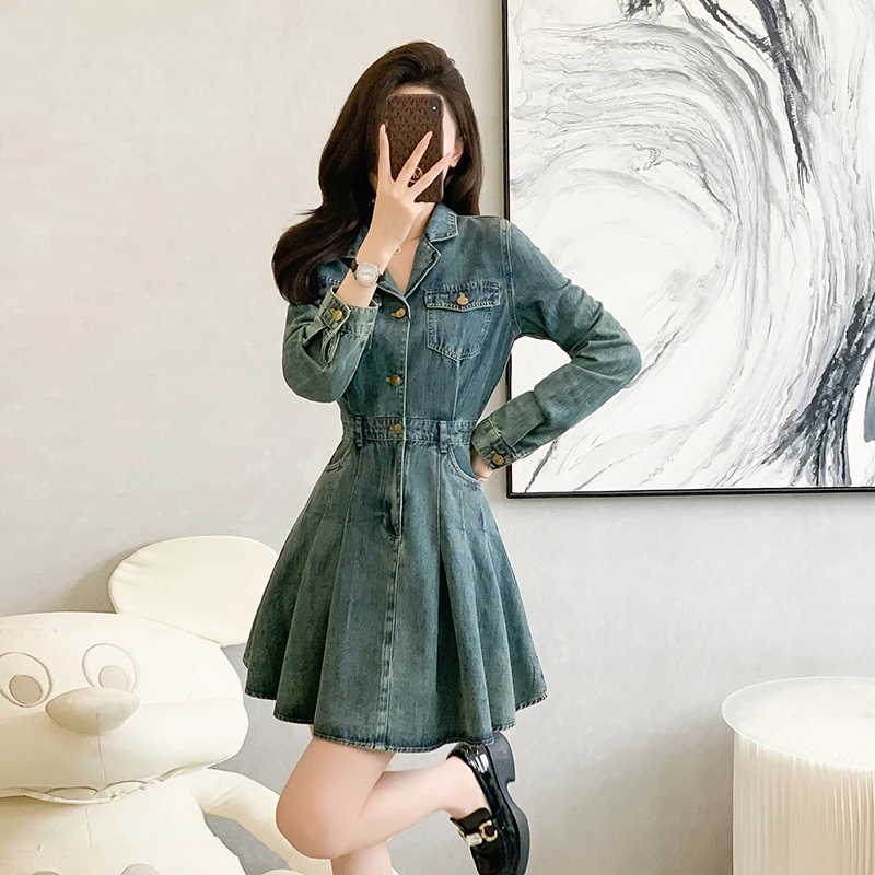 

Женское джинсовое платье с отложным воротником, однобортное повседневное Плиссированное офисное платье из денима с длинным рукавом, весна-осень