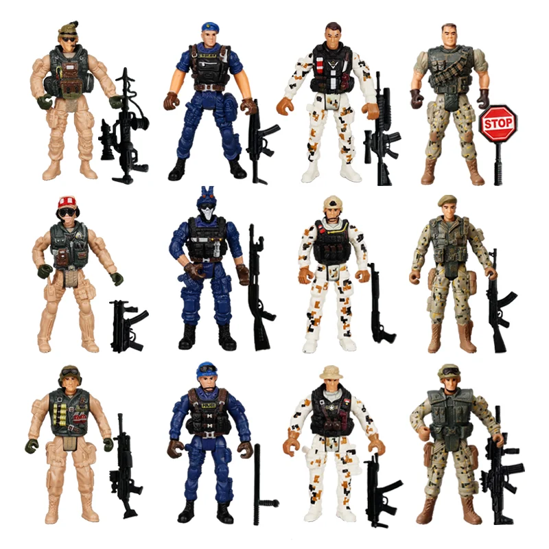 12Pcs Warrior Elite Force 1:18 Military Snow Soldiers Navy Action Figure Toys Movable Army Man w/ Weapon for Children Boy Gifts