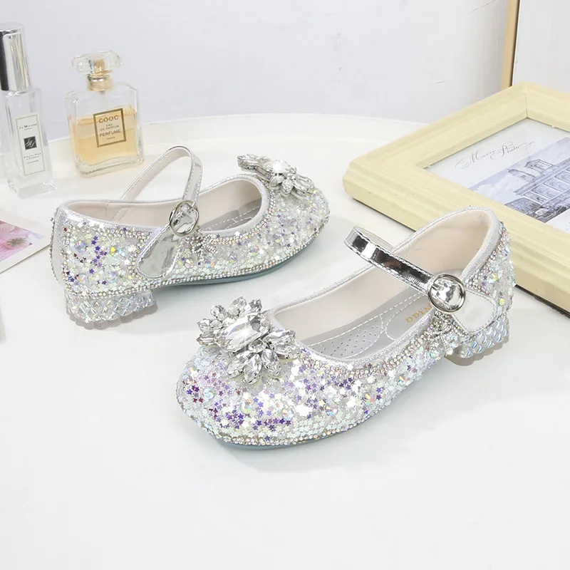 Girls Leather Shoes Fashion Flat Child New Sequin Flash Single Shoes Little Kids Crystal Princess Footwear Wedding Party Shoes