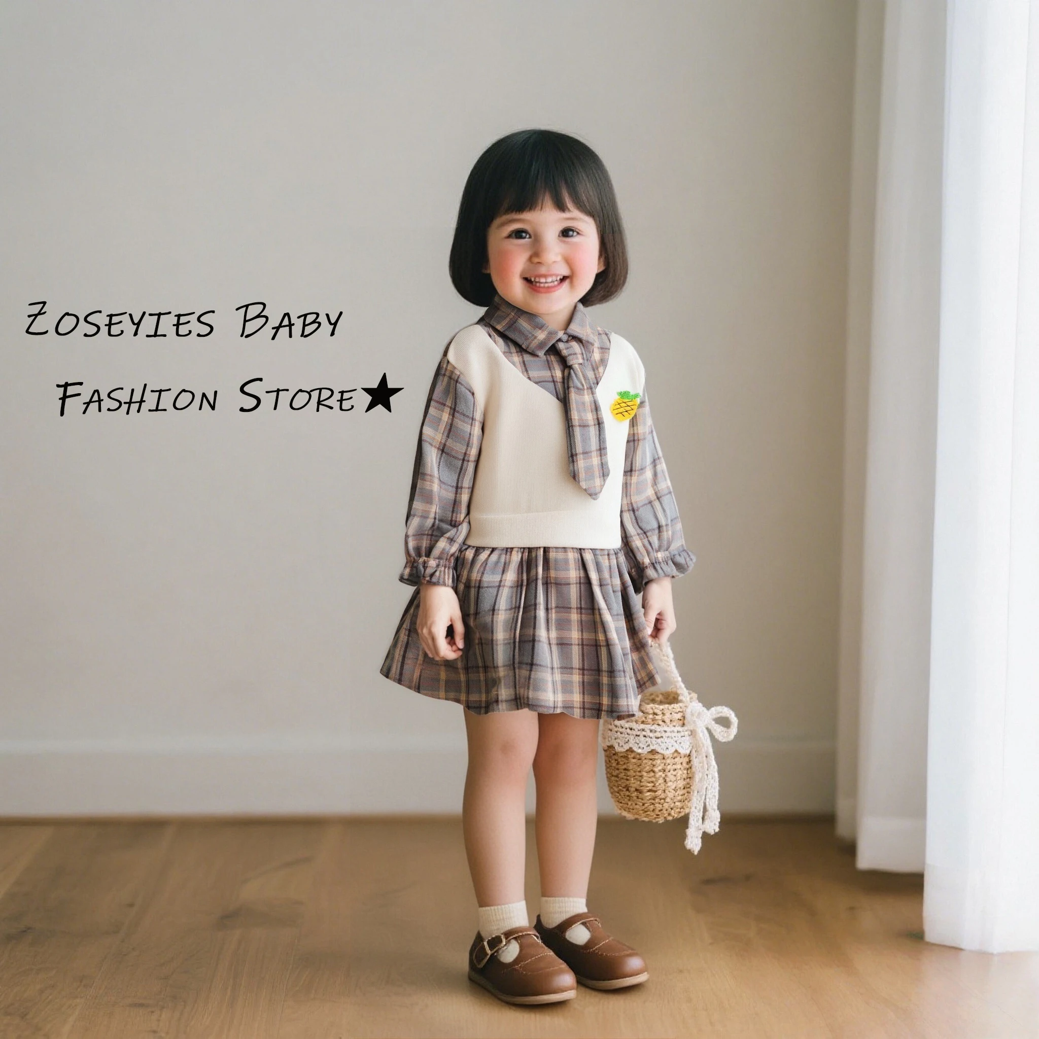 Girls' Dress Summer Checkered Cartoon Cotton Long-Sleeved Baby Girl Dress Cute Casual Girls' Dress Baby Girl Clothes