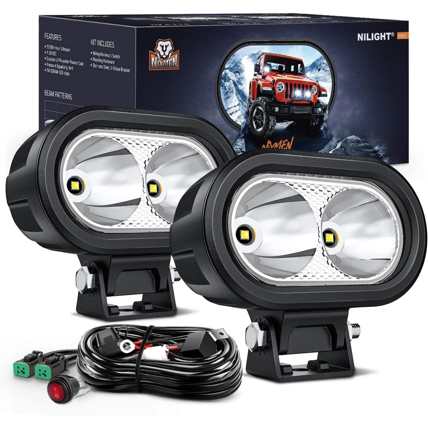 Nilight 2 PCS 4 Inch Motorcycle LED Pods 2100LM Built-in EMC Driving Light Super Spotlight Offroad Fog Lights W/ 16AWG DT Wiring Kit for Motorbike SUV ATV Truck Boat Tractor Forklift