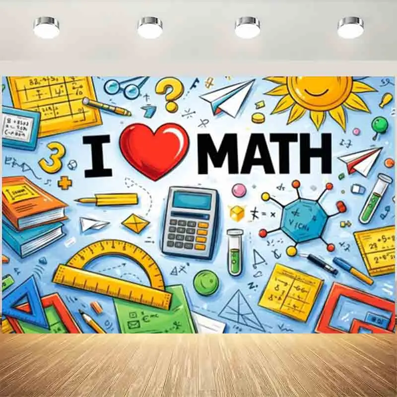 I Love Math Cartoon Study Photography Backdrop Calculator Ruler Stationery School Classroom Decor Photo Banner