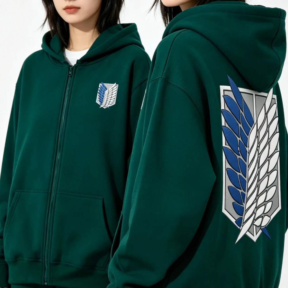Anime Attack on Titan Zipper Hoodies Mikasa Ackerman Eren Jaeger Wings of Freedom Logo Zip Up Sweatshirts Print Long Sleeve