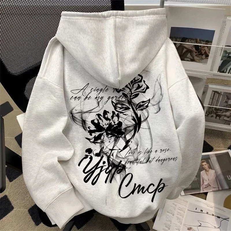 

Оверсайз худи с принтом пиона в уличном стиле, весна-осень, хлопок, длинный рукав, дышащий, быстросохнущий, износостойкий