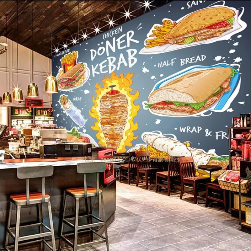 Custom American Fast Food Restaurant Background Wallpaper Chicken Doner Kebab Snack Bar Industrial Decor Wall Paper 3D Murals