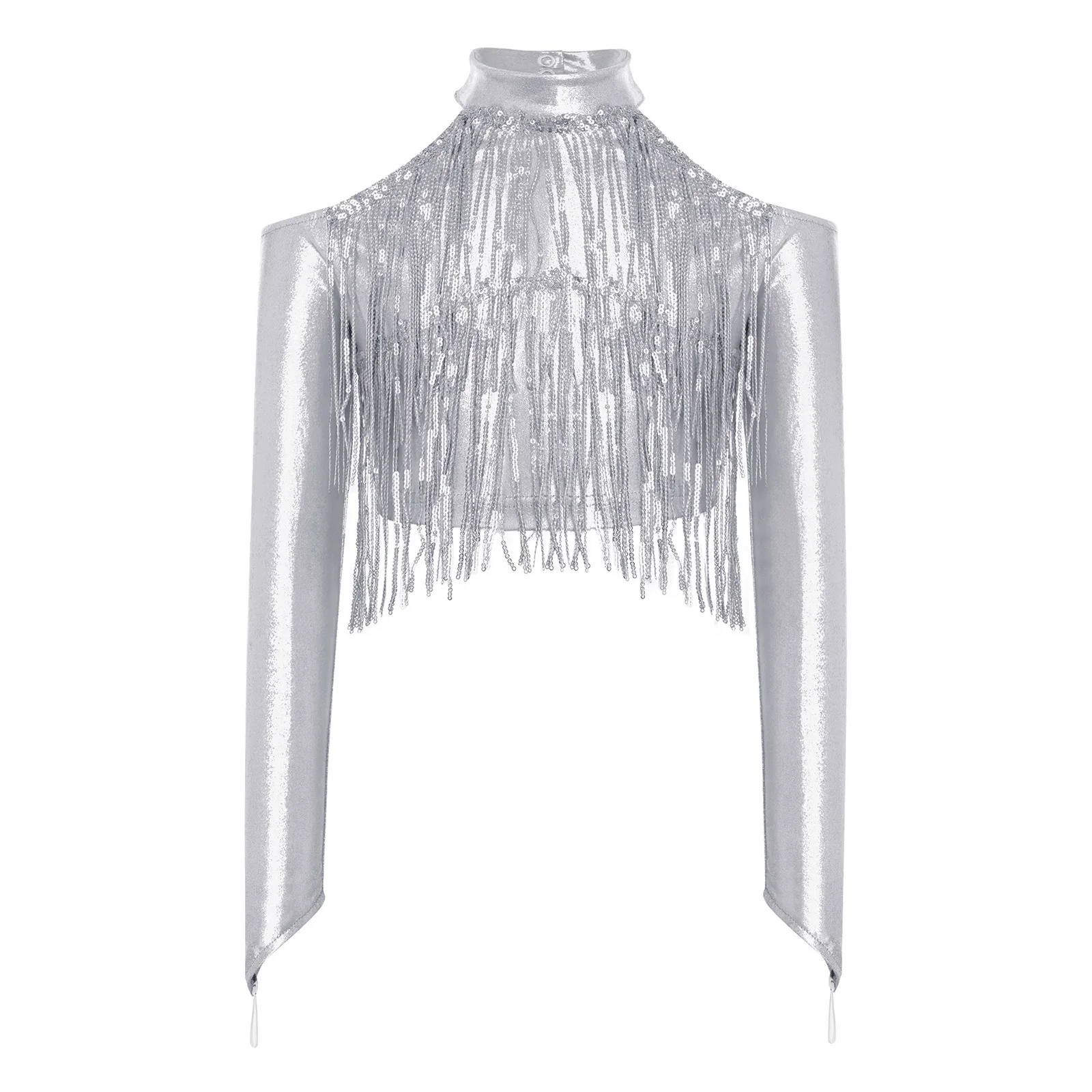 

Kids Girls Jazz Tango Gymnastic Figure Skating Dance Costume Shirt Top Cold Shoulder Long Sleeve Sparkly Sequin Tassels Crop Top