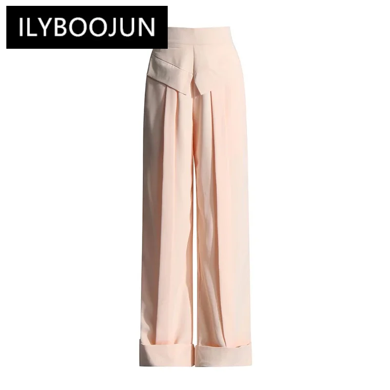 

ILYBOOJUN Solid Casual Loose Temperament Trousets For Women High Waist Spliced Pockets Wide Leg Pant Female Fashion Style New