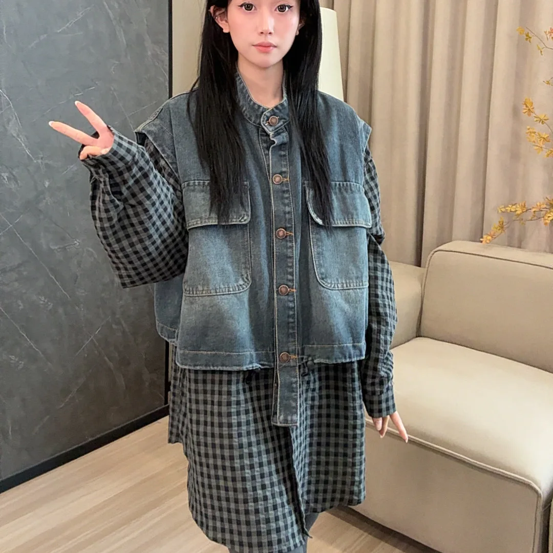 

Spring New Loose Casual Plaid Patchwork irt Women's Breathable Cotton Polyester Blend Long Sve Button up Cardigan