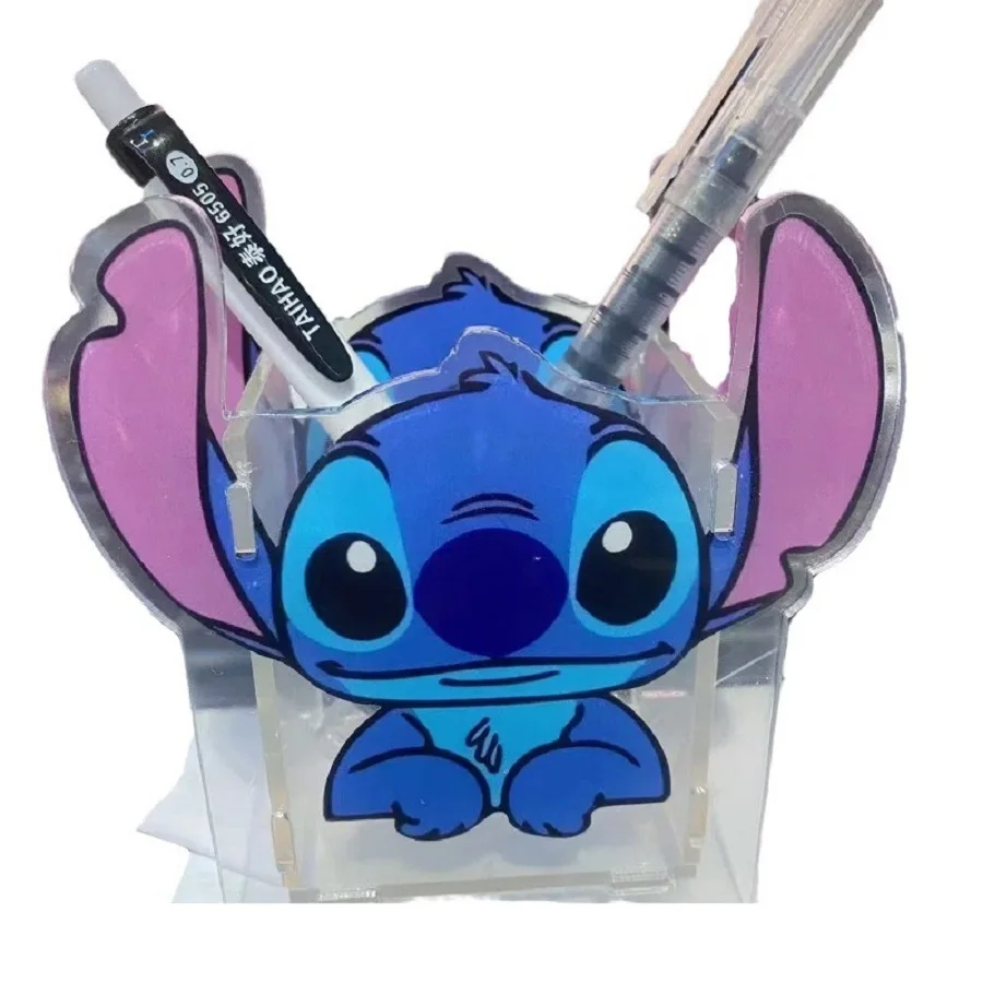 Suporte de caneta acrílico de desenho animado Stitch, mesa multifuncional transparente, organizador de caixa de armazenamento de papelaria de grande capacidade,