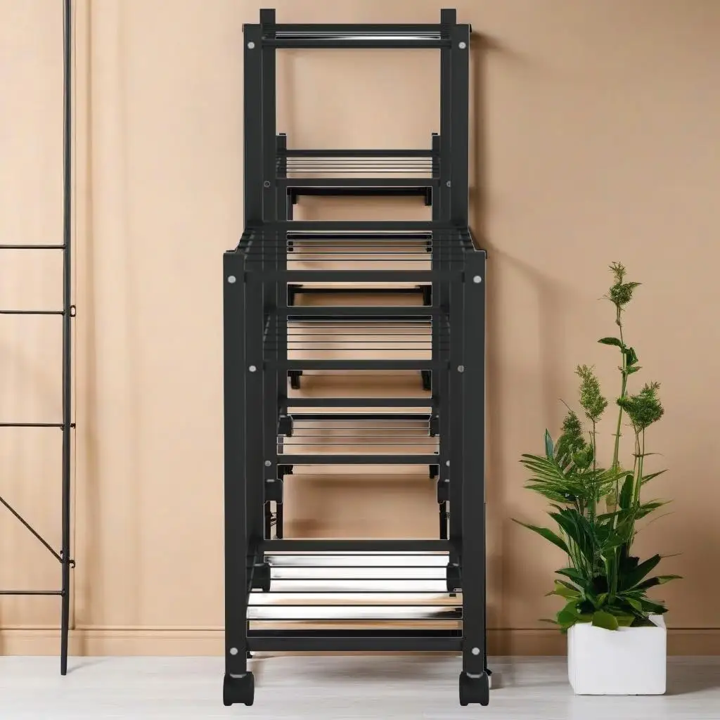 Mobile Flower Stand on Wheels - 83x25x63.5 cm Black Iron Planter Rack