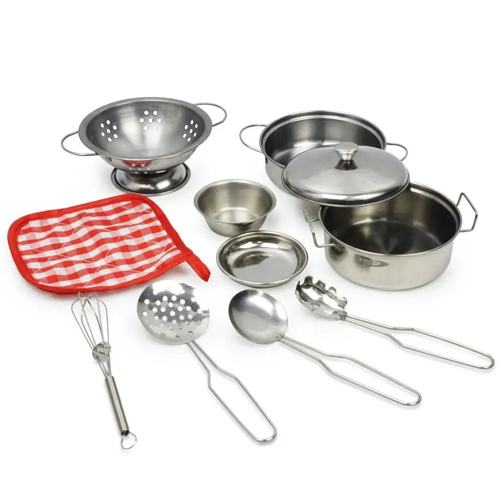 10Pcs Pretend toys, Kitchen Cookware Set Stainless Steel Cooking Tools, Kids Educational Toys