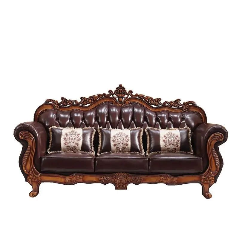 

European leather sofa American solid wood vintage villa small house first floor cowhide luxury living room 123 combination