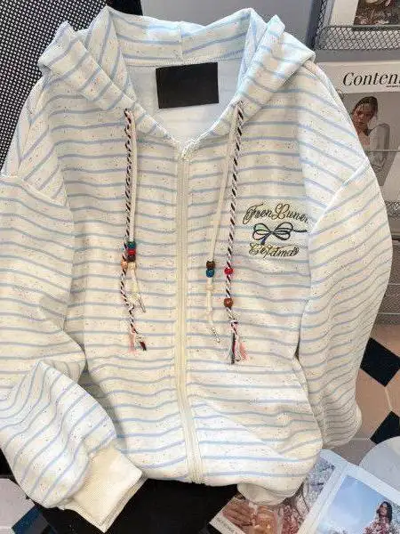 

Женская свободная толстовка с капюшоном на молнии, кардиган в полоску, повседневная верхняя одежда с длинным светом и принтом, модная осенне-зимняя куртка