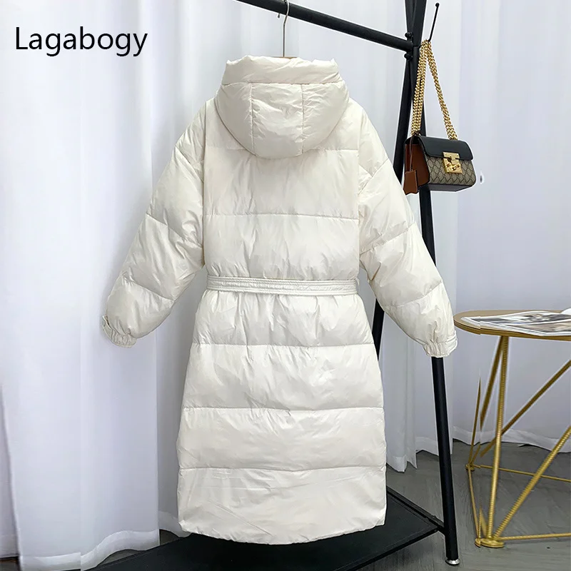 

White 2023 New Women Winter Long 90% Duck Down Jackets Female Hooded Soild Coats Thick Warm Loose Windproof Belt Parkas