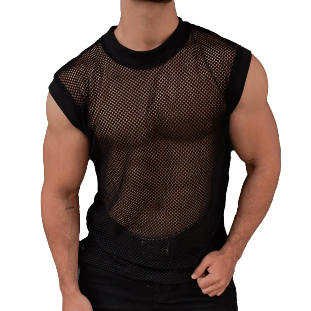 

Bodybuilding Vest Mens See-through T Shirt Crew Neck Four Seasons Polyester Fabric Solid Pattern For Party Nightclubs