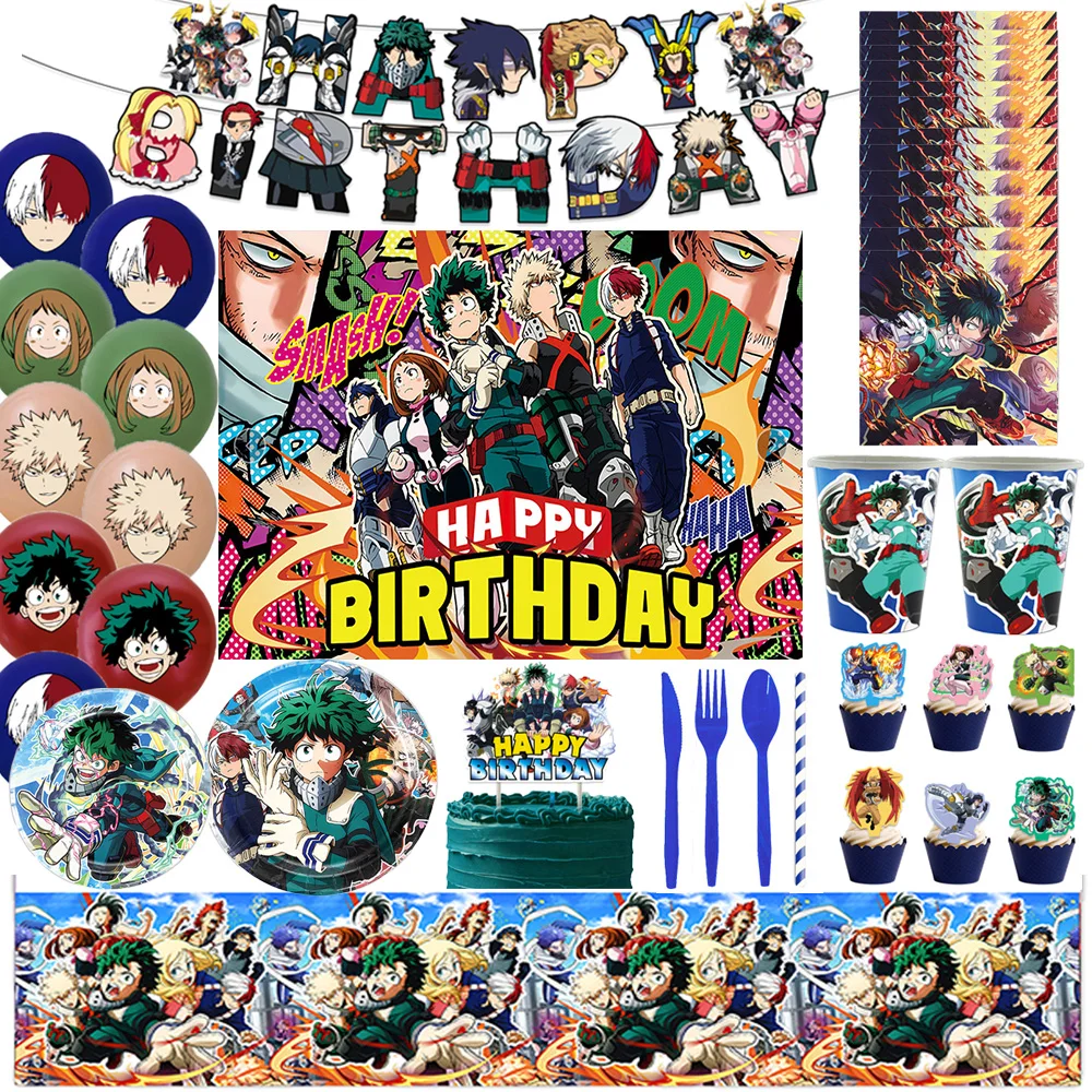 

Cartoon My Hero Academian Birthday Party Decoration Background Cup Plate Balloons Backdrop Party Supplies Baby Shower Kid Gift