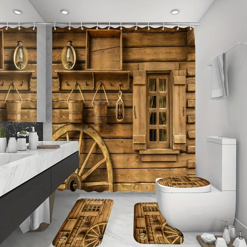 pcs Wooden House Printed Shower Curtain Set, Decorative Bathroom Full Set Including Waterproof Shower Curtain With Hooks, Non