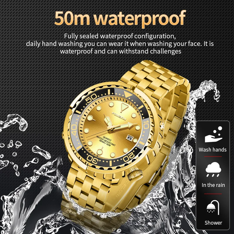 FOXBOX New Gold Fashion Watches Men Stainless steel Clock Sports Waterproof Watches Golden Wristwatches Male Relogio Masculino