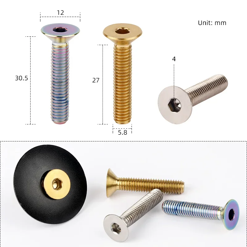 M6*30mm Bicycle Headset Top Bolt Full Thread M4 Hex Head MTB BMX Bikes Stem Fastening Screws CNC-machined Titanium Cycling Parts