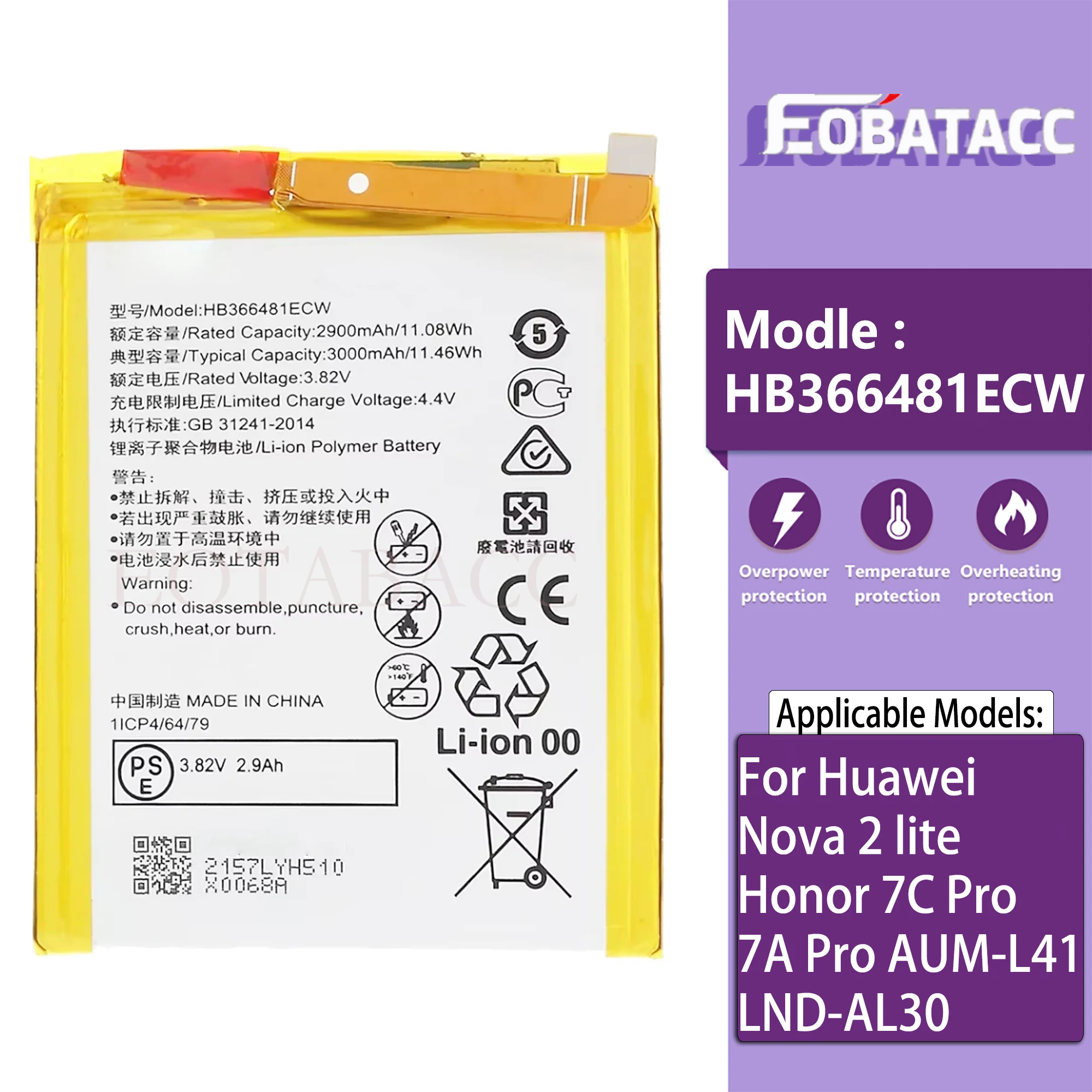 

HB366481ECW Battery For Huawei Nova 2 lite / Honor 7C Pro 7A Pro AUM-L41 LND-AL30 high capacity Capacity Mobile Phone Batterie