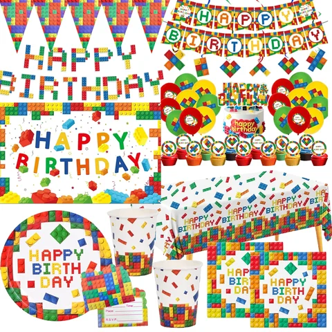 Byggstenar Födelsedagsfestdekorationer Färgglada block Engångstallrik Servett Duk Bakgrund för Barntillbehör 12 best sales Rick och Morty Lego - №6