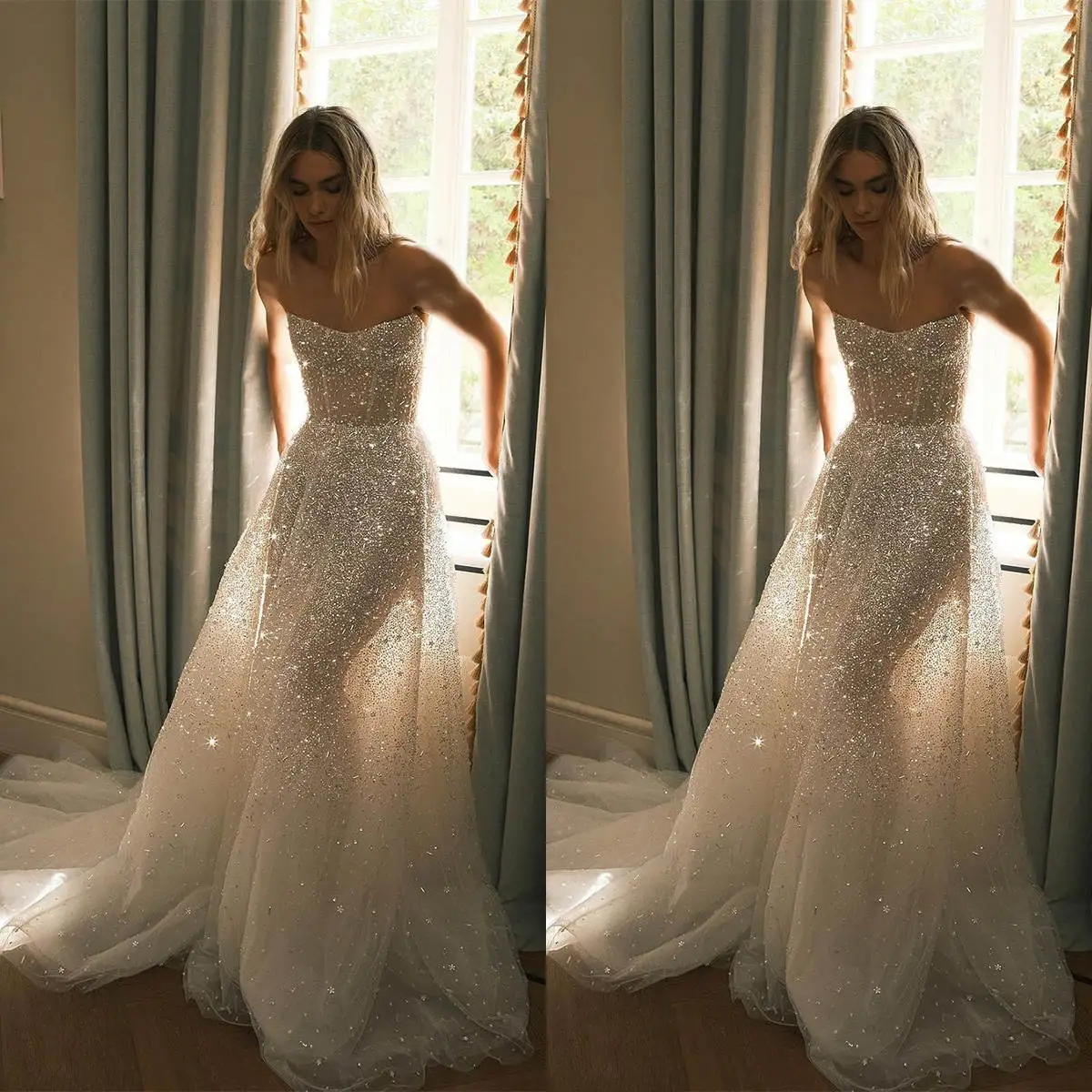 

Glittery A-Line Gown Wedding Dresses Lace Bridal Gowns Big Size Strapless Sweep Train Vestidos De Novia Custom Size Colour