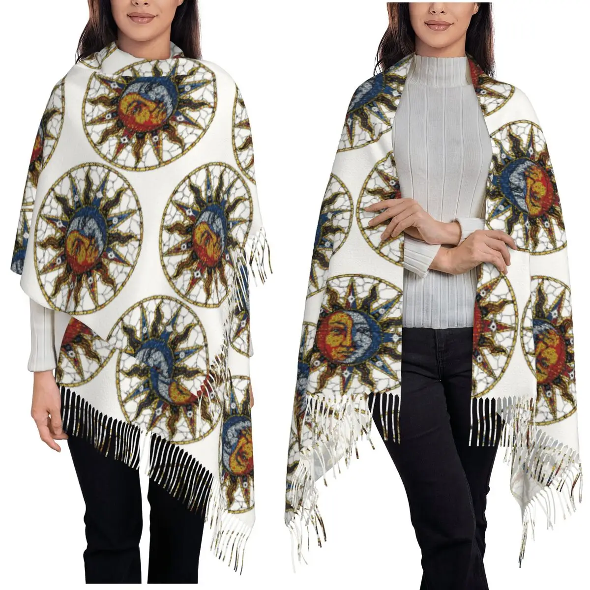 Celestial Mosaic Sun And Moon COASTER Scarf Tassel Scarves Women Soft Warm Shawls and Wraps Long Fall Winter Shawl Wrap