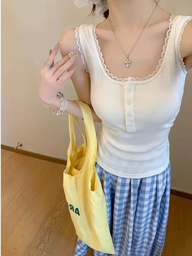 Spring Summer New Style Women's Large Size Lace Halter Neck Vest Button up Inner Wear Outer Wear Versatile Fashionable Top