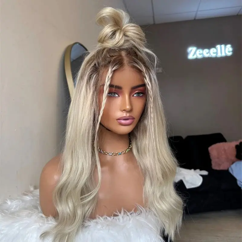 탑 글루리스 가발 13x4 옴브레 플래티넘 브라운 하이라이트 합성 레이스 프론트 가발 (자연스러운 밀도, 내열성 섬유, 26인치)