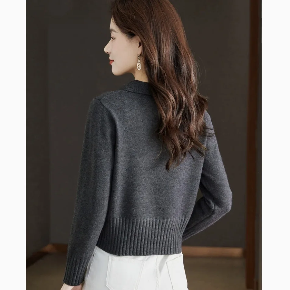 빨간색 니트 스웨터 여성용 베이스 봄 가을 플립 칼라 소형 사이즈 여성용 상의 따뜻한 단색 출퇴근용