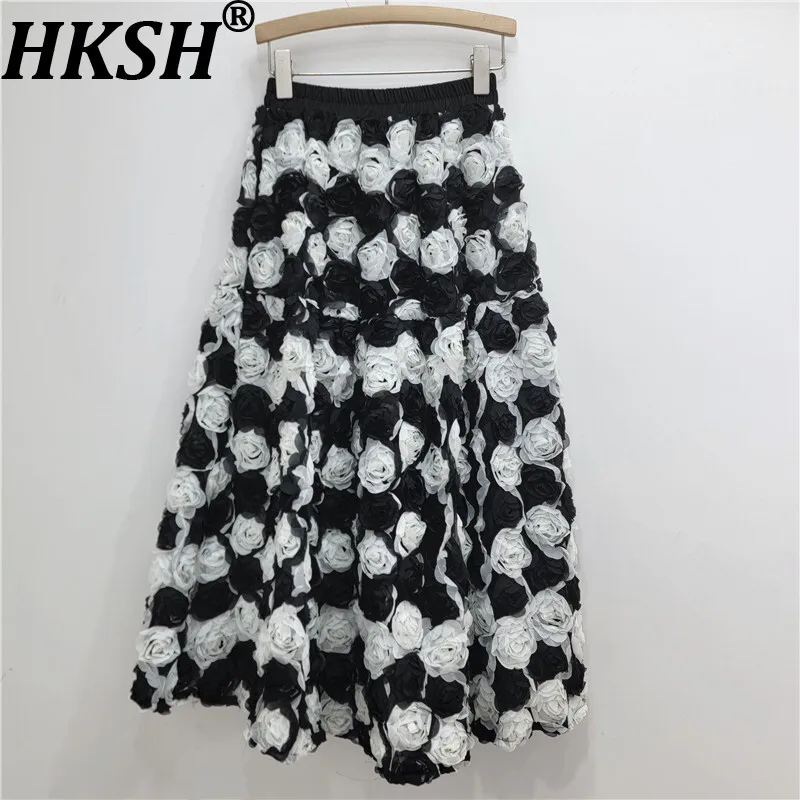 

HKSH Весенне-Осенняя новая женская юбка с эластичной резинкой на талии, трехмерные цветочные контрастные цветные сетчатые юбки трапециевидной формы, милые юбки прилива HK14415