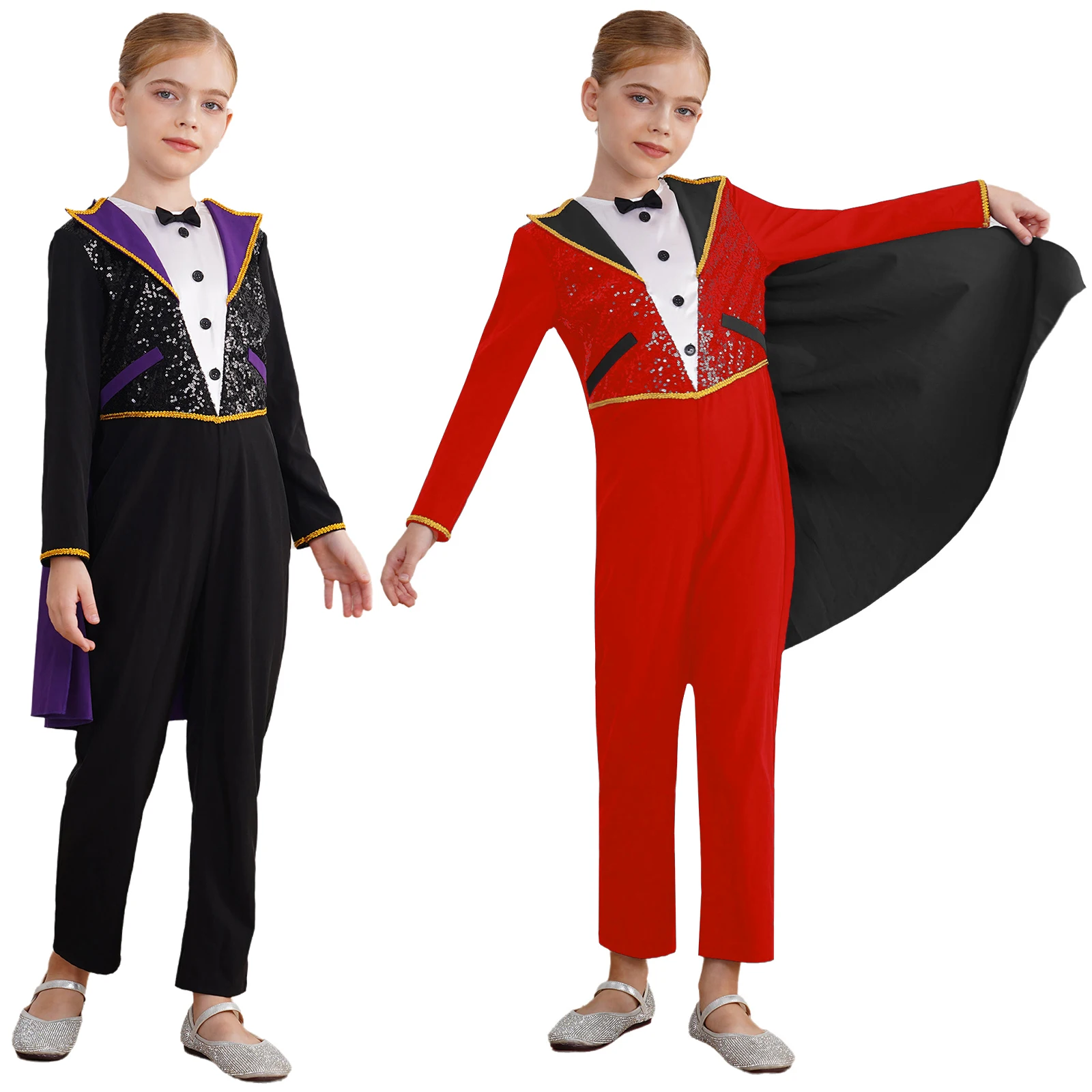 

Halloween Cosplay Costume Girls Boys Circus Ringmaster Magician Tailcoat Long Sleeve Sequins Bowtie Bodysuit with Cape Carnival