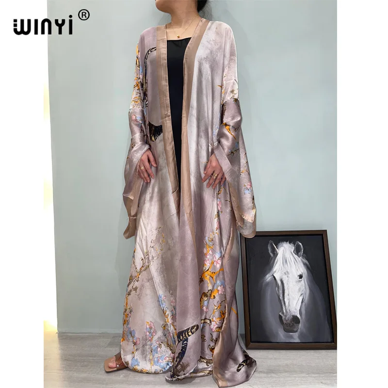 WINYI2022 urlaub Boho Gedruckt Lange Kimono Kleid Bikini Wrap Abdeckung-ups Frauen Sommer Kleidung Strand Tragen Schwimmen Anzug Abdeckung up kimono