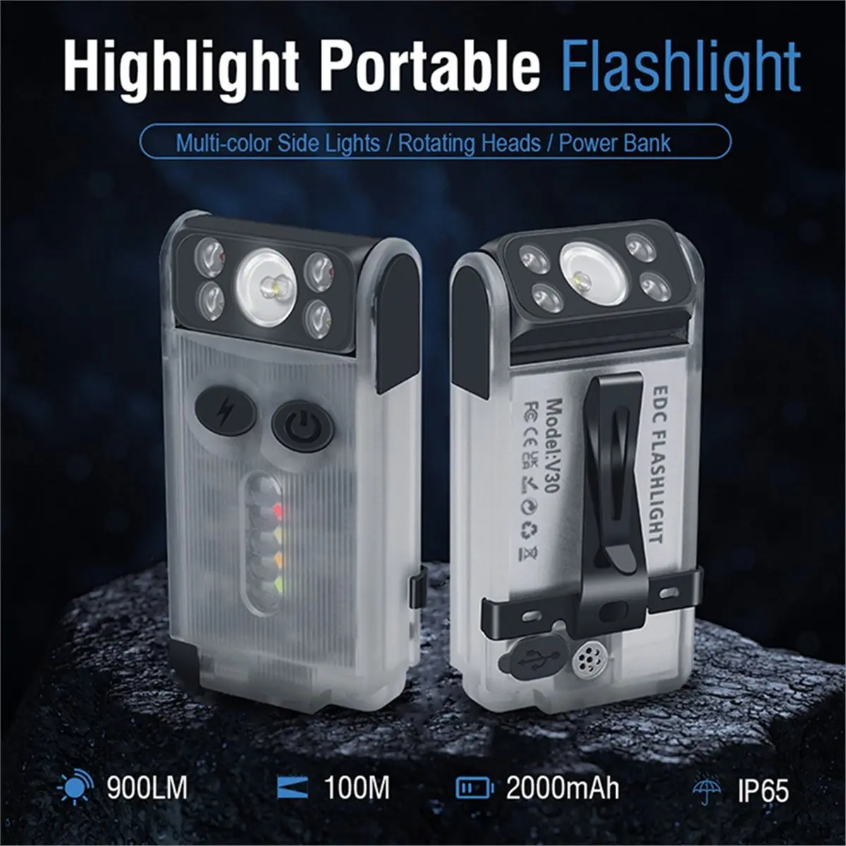 Digital Essentials V30 Flashlight Keychain Power Bank Type-C Rechargeable Power Bank Work Light Torch Emergency Multi-Function F