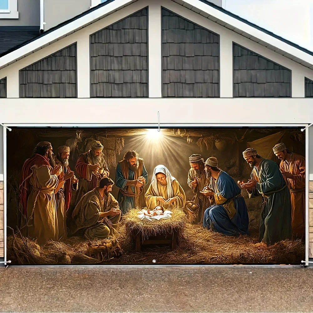 2D Flat, 1pc Large Nativity Scene Christmas Door Banner & Garage Door Decoration - Heavy-Duty Christian Nativity Tapestry with M