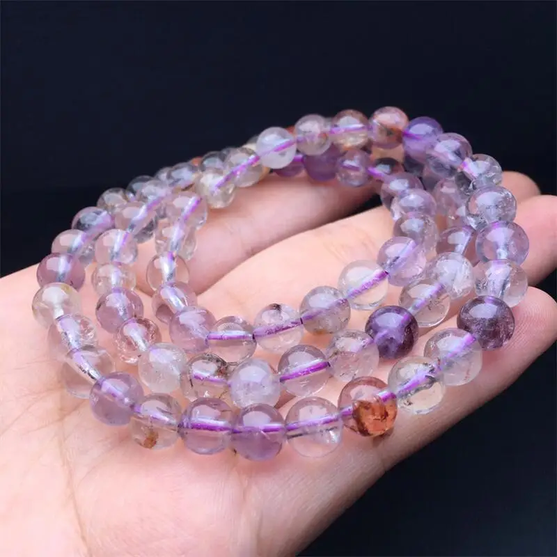 

7MM Natural Purple Garden Quartz Triple Circle Bracelet Crystal Healing Round Bead Bracelet Women Men Fine Jewelry Gift 1PCS