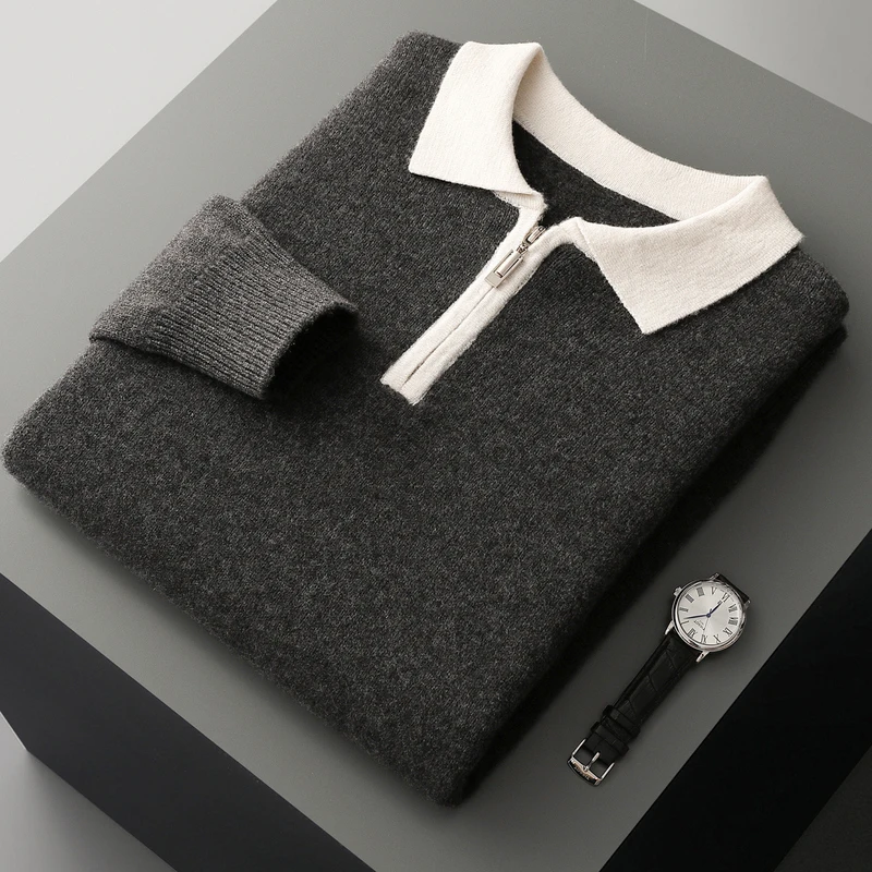 

Высококачественный мужской свитер из 100% чистого хлопка с лацканами на молнии, осенне-зимний модный молодежный свитер, мужская вязаная куртка