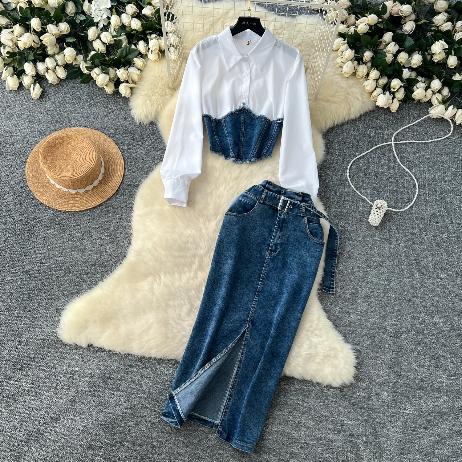 Women Two-Piece Sets Vintage Turn-down Collar Cowboy Spliced Shirt and High Waist Split Skirt Korean High Street Autumn Clothing