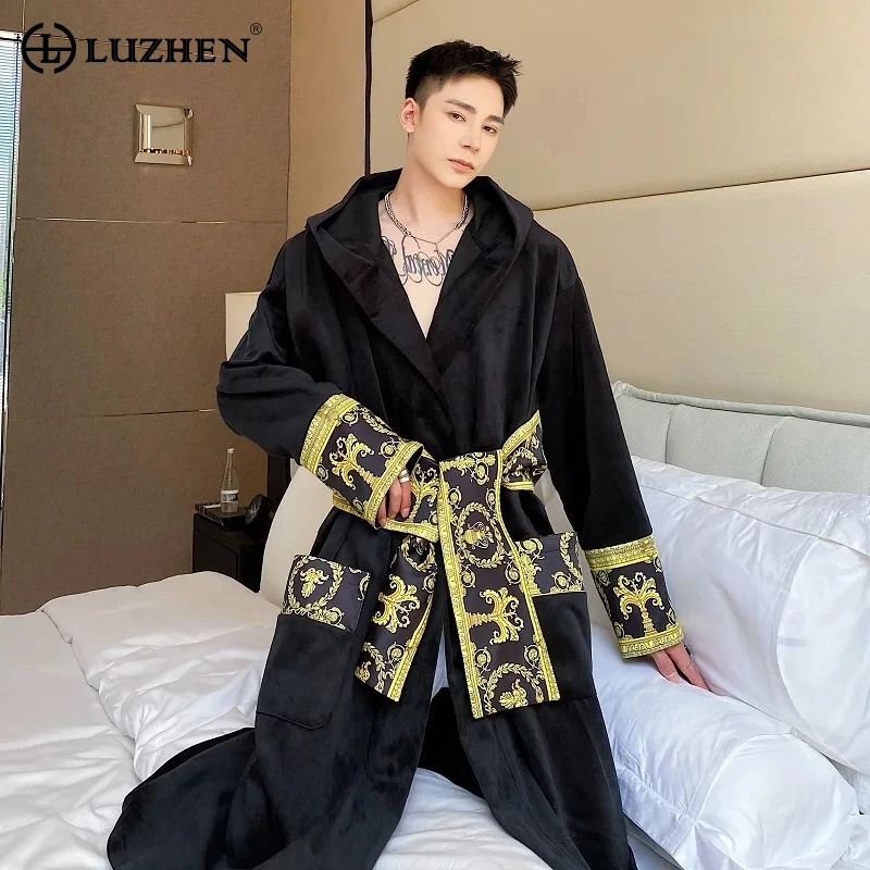 LUZHEN 2024 New Trendy Luxury Elegant Loose Long Hooded Cardigan Coat Men\'s Stylish Velvet Nightgown Robes Belted Clothes 962e93