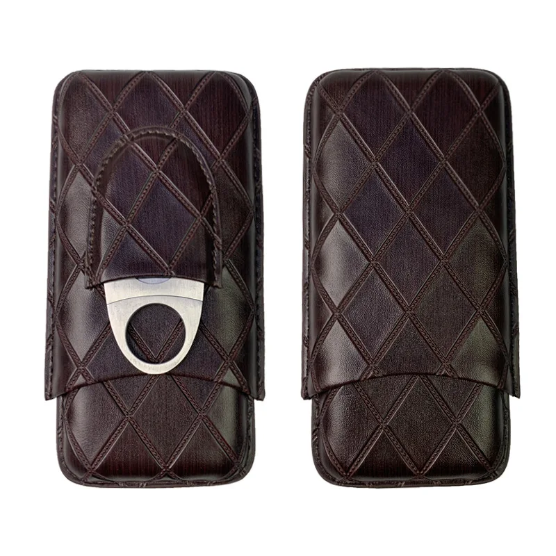 

Portable Leather Cigar Case with 1pcs Cigar Cutter 2-Finger 3-Finger Diamond Pattern Men's gifts Suitable for Travelling