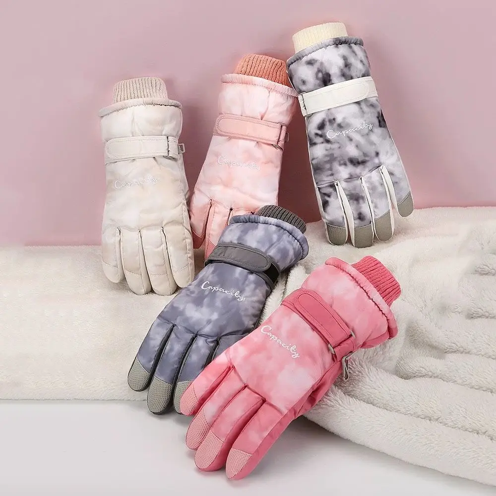 

Зимние лыжные перчатки Tie Dye на флисовой подкладке с сенсорным экраном, плюшевые теплые перчатки для верховой езды, ветрозащитные термовелосипедные варежки для женщин и взрослых