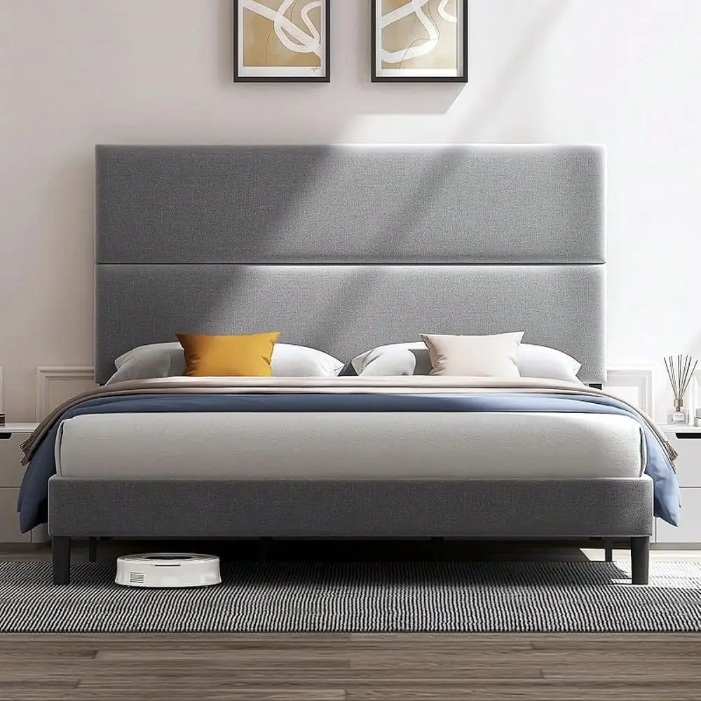 

Queen King Size Bed Frame With Linen Adjustable Headboard, holstered Platform Bed With Strong Wood Slats Support, NoiseFree C