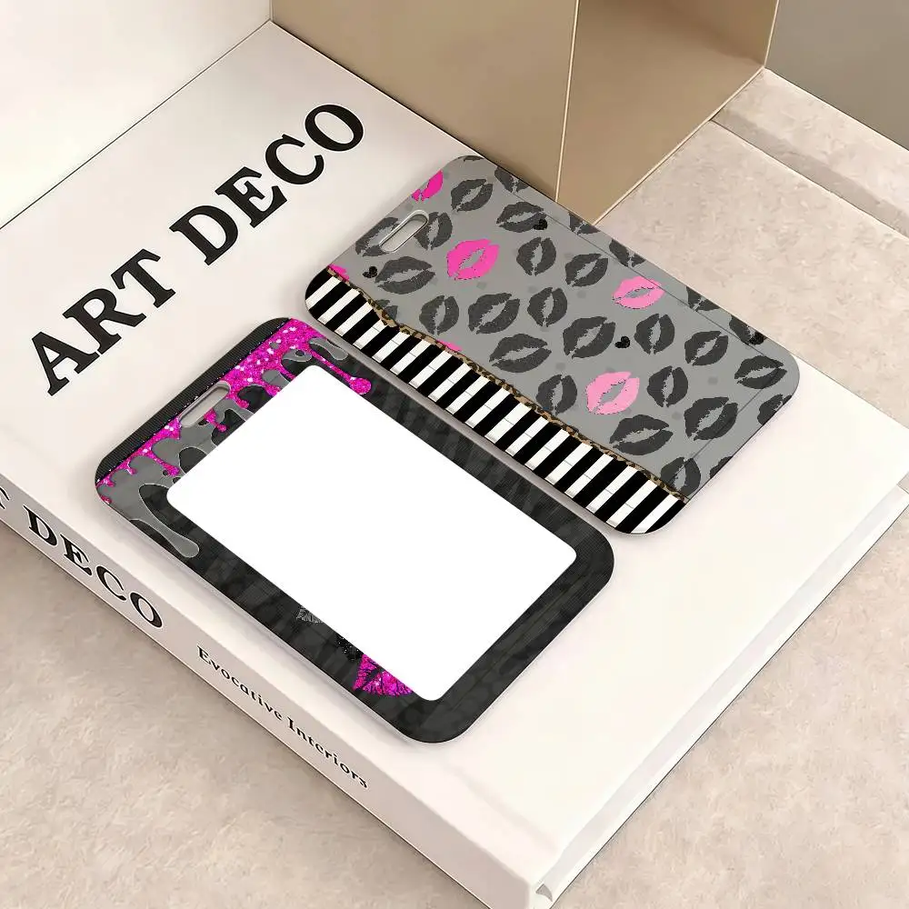 Black and Pink Lip Print Card Holder Work Permit Access Bus Subway Cards Protective Sleeve