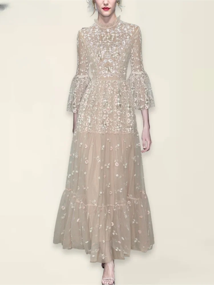 

A light luxury long dress with flared sleeves sequins mesh and embroidery